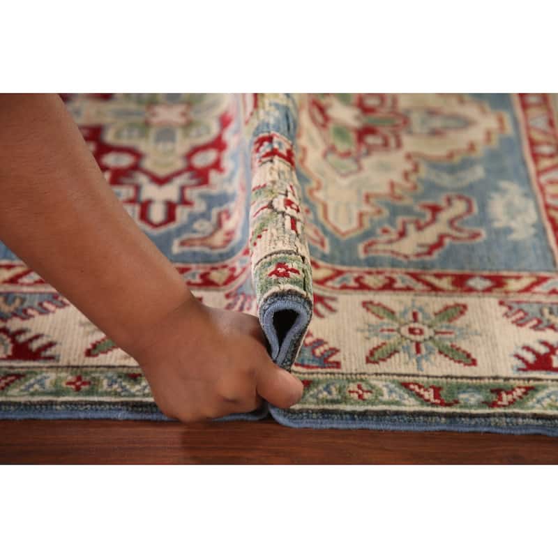 Blue Geometric Kazak Oriental Accent Rug Handmade Wool Carpet - 3'4"x 5'0"