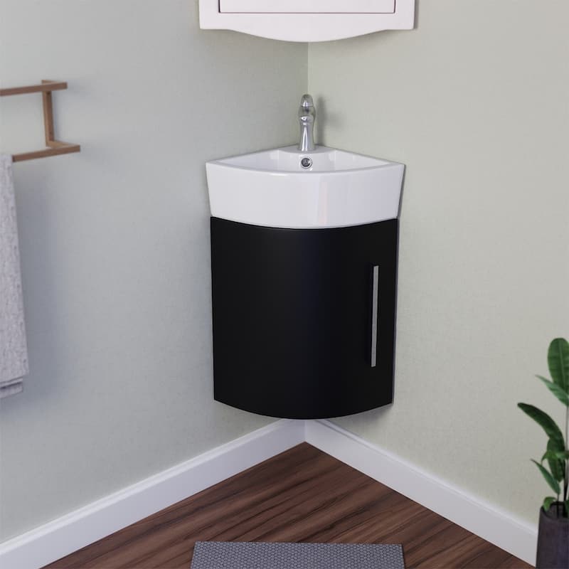 Corner Vanity Sink Myrtle 16.5" White Porcelain Sink With Black Cabinet, Faucet And Drain Renovators Supply