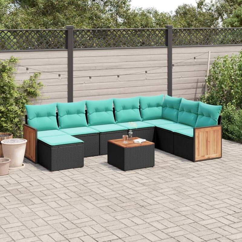 vidaXL 8 Piece Patio Sofa Set with Cushions Black Poly Rattan - 21.7x27.2x24.4-With table