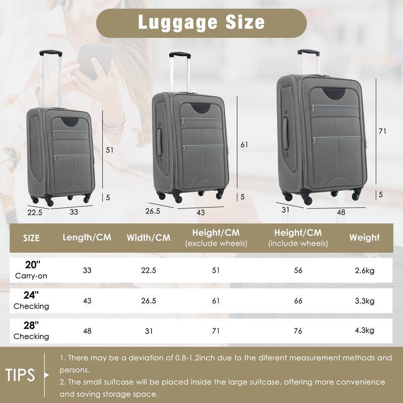 3 Piece ABS Softside Expandable Upright Spinner Luggage with TSA Lock and Duffel Bag