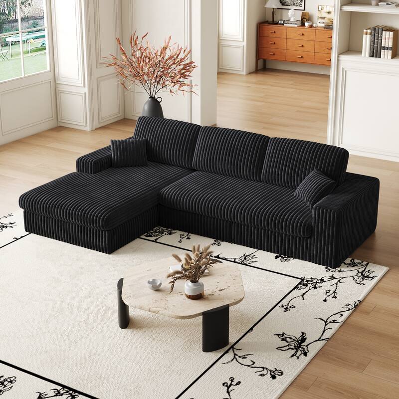 L-Shaped Sectional Sofa with Chaise Lounge, Corduroy Modular Foam Sofa, Upholstered Sofa with 2 Cushion & 2 Throw Pillows