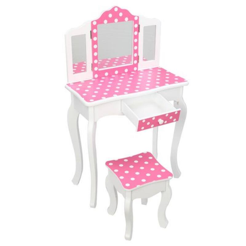 Three-Fold Mirror Single-Drawing Curved Foot Children Dressing Table Red Dots - 23.63 x 11.03 x 38.59