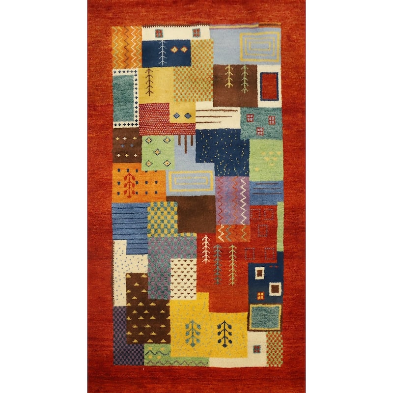 Hand Knotted Oriental 100% Wool Carpet Modern Geometric Multi-Colored Gabbeh Area Rug - 5' 1'' X 3' 0''