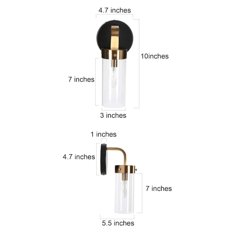 Modern 1-Light Black Gold Cylinder Glass Armed Wall Sconce Dimmable Vanity Light - 4.7" L x 5.5" W x 10" H