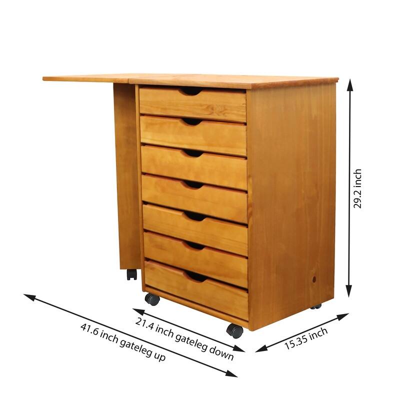 Adeptus Original Roll Cart, Solid Wood, 7 Drawer Gate Leg Roll Cart Desk, Extra Wide Drawers, Med Pine