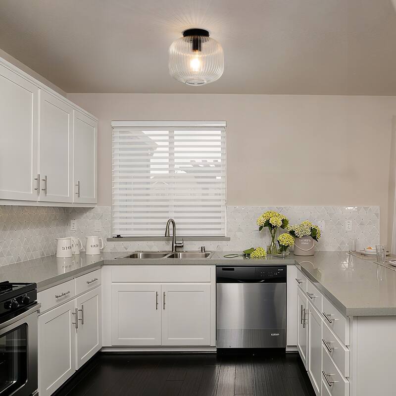 1-Light Mid-Century Modern Ribbed Glass Flush Mount Light