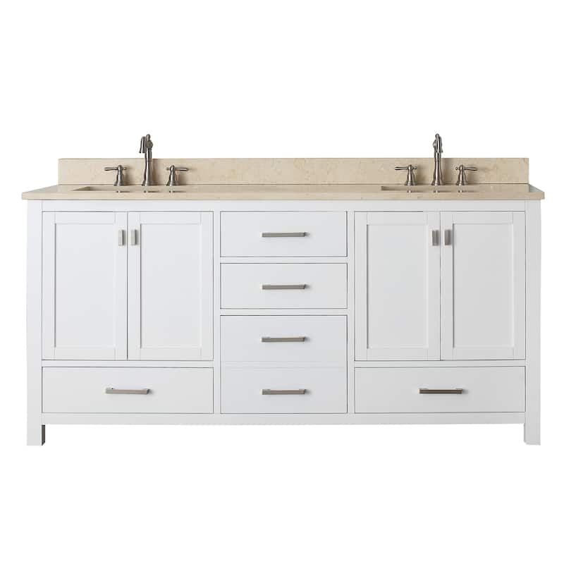 Modero 72 in. Double Sink Bathroom Vanity in White with Carrara Marble Top - 73"W x 22"D x 35"H