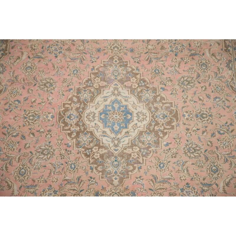 Hand Knotted Oriental 100% Wool Carpet Traditional Floral Pink Mashad Area Rug - 9' 8'' X 6' 7''