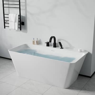 Vault Series 59 in. x 30 in. Flat Bottom Acrylic Freestanding Soaking Bathtub with Center Drain, Matte Black Faucet