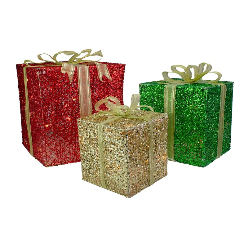 Set of 3 Lighted Gift Box Outdoor Christmas Decoration 12-Inch - 12"