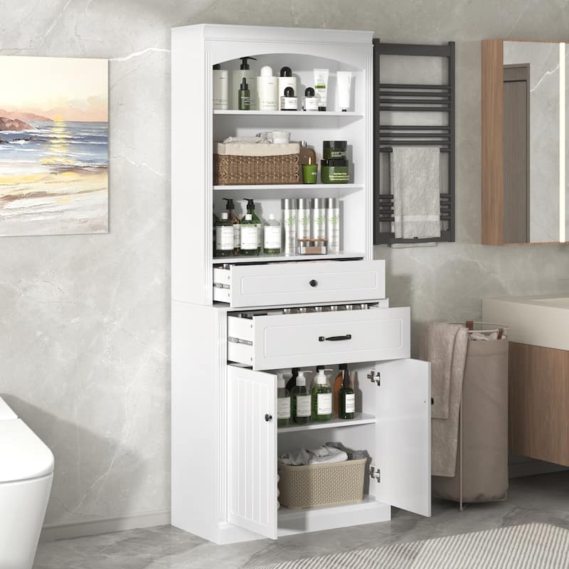 Freestanding Storage Cabinet with Open Shelves, 2 Doors Cabinet, Drawers and Adjustable Shelf for Bathroom Living Room