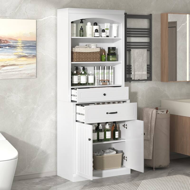 White Bathroom Storage Cabinet with Two Doors, Drawers, Adjustable Shelf & Three Open Shelves - Durable MDF Construction - White