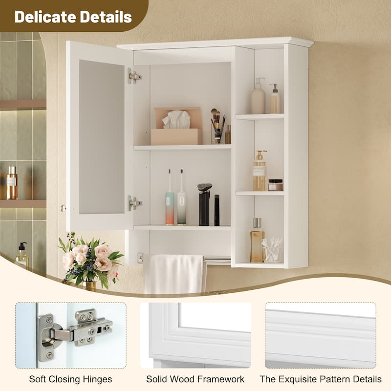 3-in-1 Bathroom Mirror Cabinet, 24-inch Wall Mounted Medicine Cabinet with Adjustable Shelf & Tower Bar