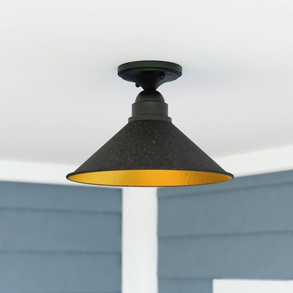 Outland Hammered Metal Bronze Rustic Outdoor Semi Flush Mount Ceiling Light - 12-in W x 8.5-in H x 12-in D