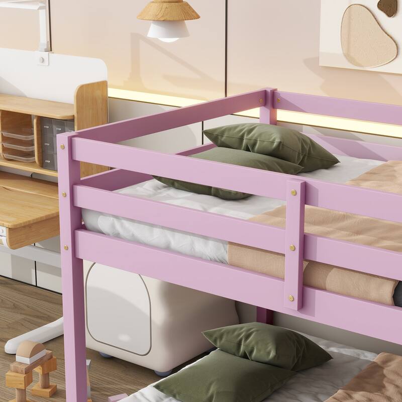 Solid Wooden Twin over Twin Floor Bunk Bed with Ladder, Pink