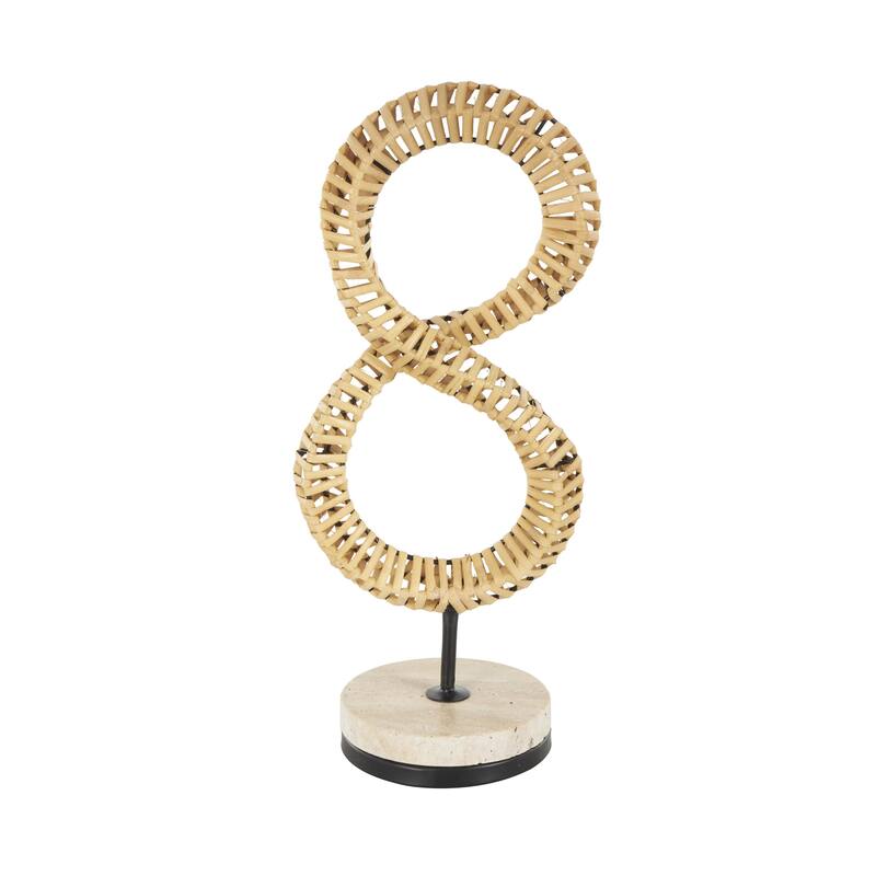Brown Rattan Handmade Infinity Shaped Abstract Decorative Sculpture with White Marble Base