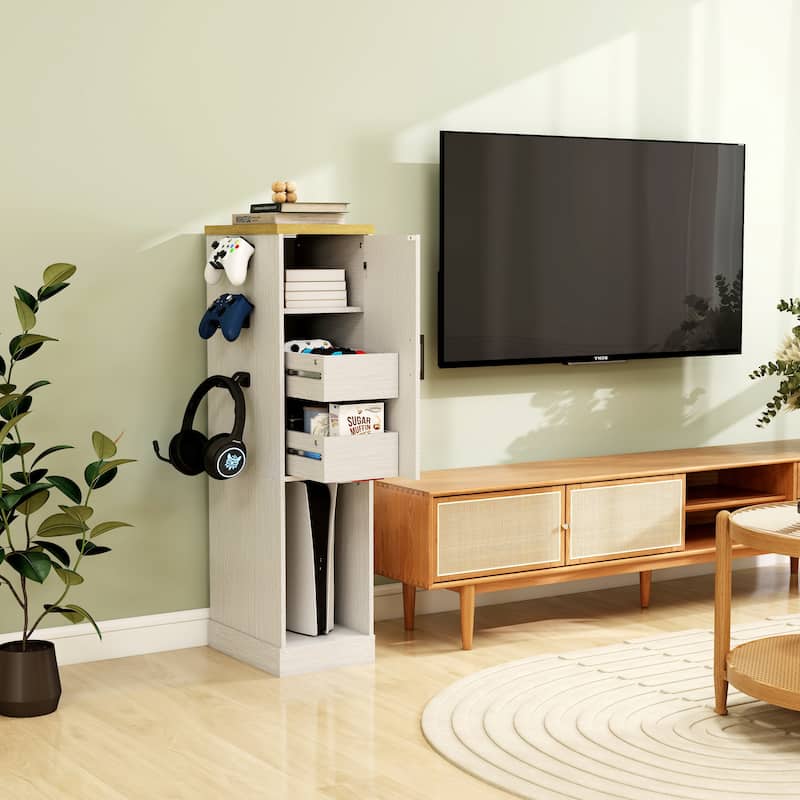 Anmytek Slim Antique White Game Console Storage Cabinet with 2 Drawers & 3 Hooks, AV Media Stand for PS5 Xbox