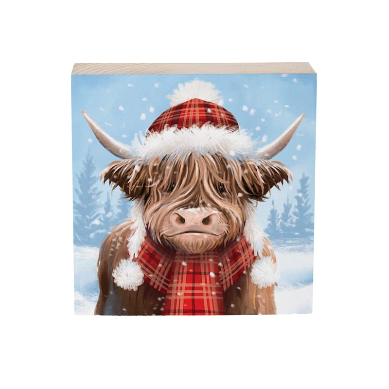 Holiday Highland Cow Sign Wood Block - 6" x 6" - Multicolor