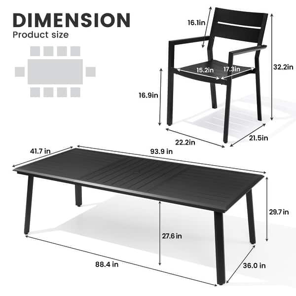 dimension image slide 2 of 4, 7/9/11/13-Piece Set Outdoor Aluminum Dining Table with Umbrella Hole and Stackable Chairs