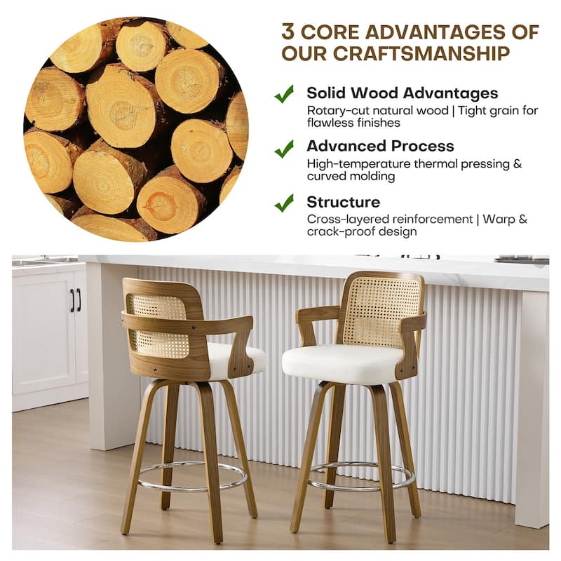 Upholstered Swivel Barstool with Arms and Bentwood Legs - 40.8"H x 18.9"W x 19.5"D/19.3"D