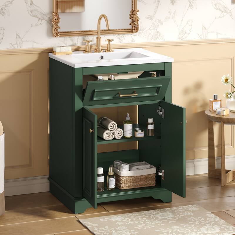 24" Bathroom Vanity with Integrated Ceramic Sink, 2 Doors & 1 Tip-Out Drawer for Small Bathrooms, Single Sink Vanity - Green