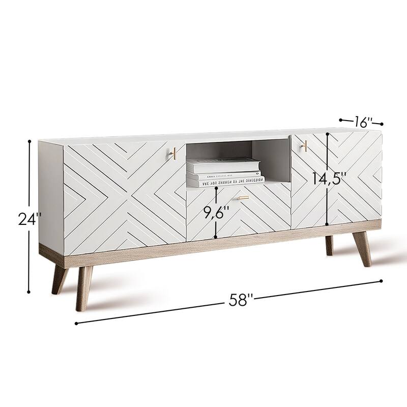 Living Skog Alba Beige TV Stand Console with Drawer Fits TV's up to 65 in. with Wood Legs Mid Century Modern Design