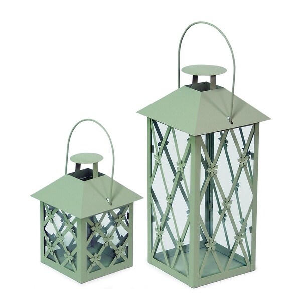 Shop Set Of 2 Sage Green Decorative Floral Pillar Candle Lanterns