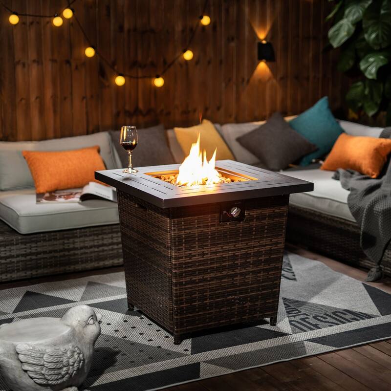 28.00 in. W x 24.80 in. H Rattan Square Propane Gas Fire Pit Table in Black Brown - black+brown - Propane