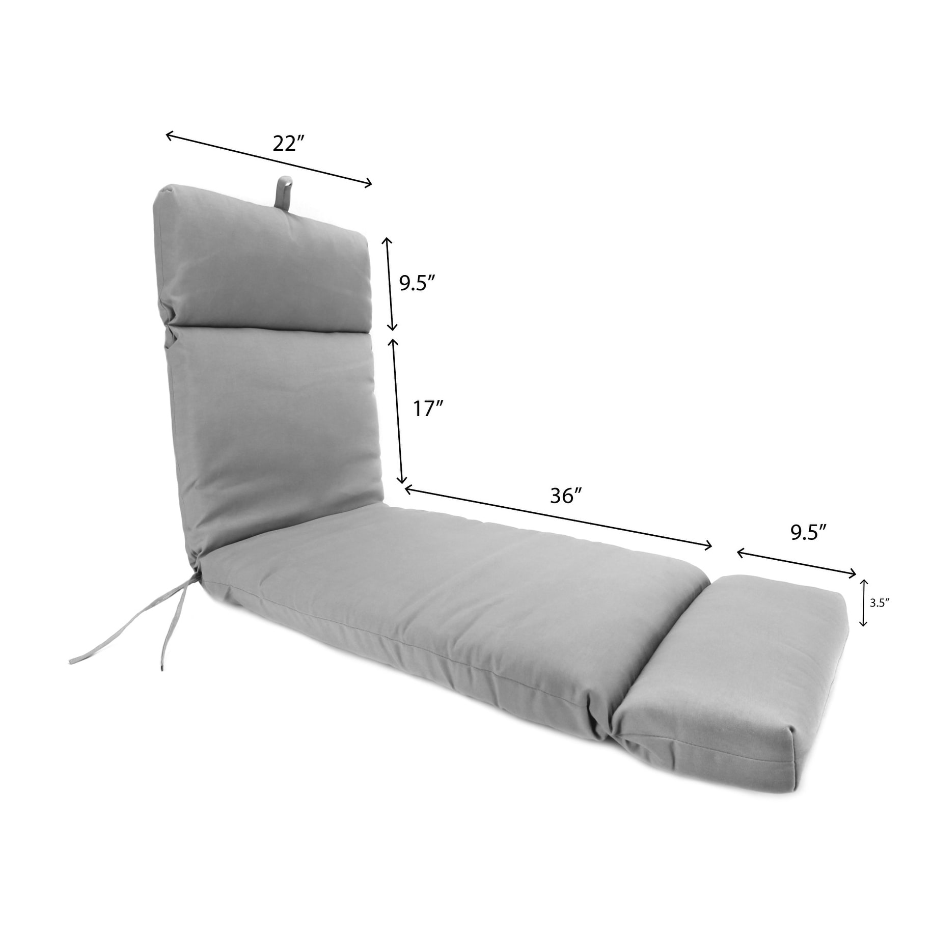 72 x 22 Gray Solid Outdoor Chaise Lounge Cushion with Ties and Loop 72 L x 22 W x 3.5 H