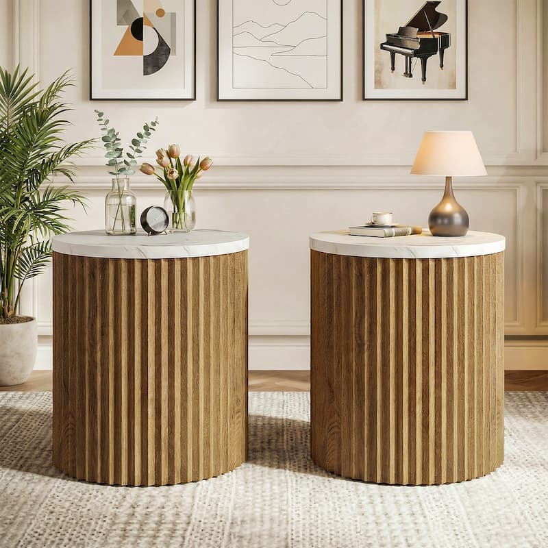 Round Fluted Side Table, Small End Table with Faux Marble Tabletop and Drum Pedestal - Brown