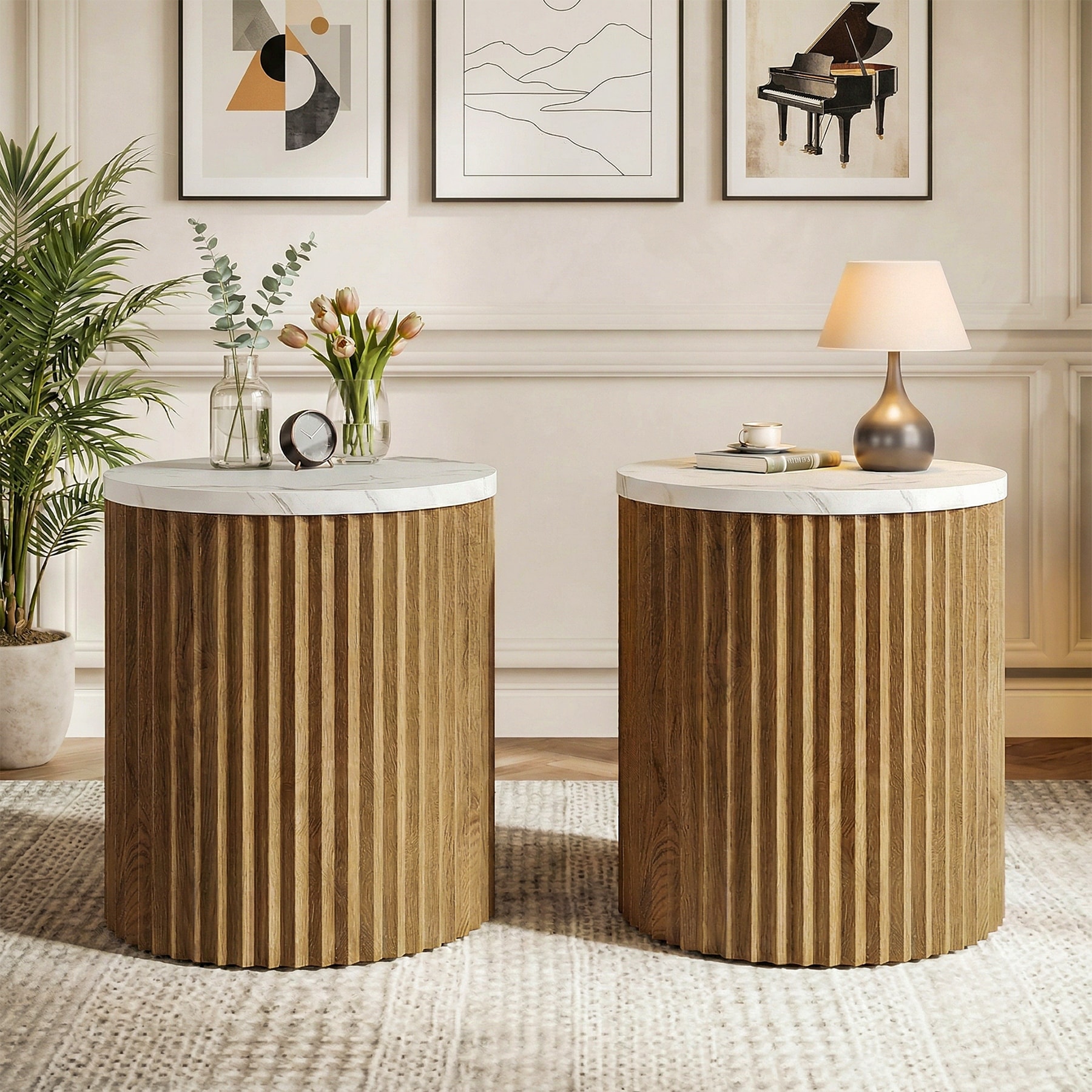 Round Fluted Side Table, Small End Table with Faux Marble Tabletop and Drum Pedestal
