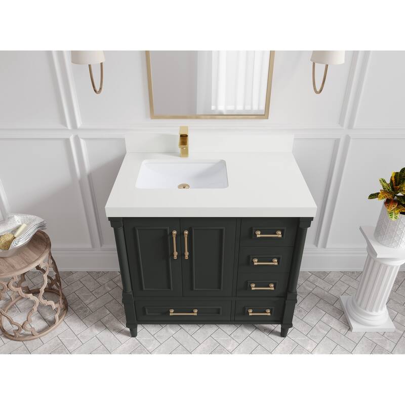 Willow Collections 36 in. W x 22 in. D Aberdeen Left Offset Sink Bathroom Vanity with Countertop - 2" White Quartz - Black Top