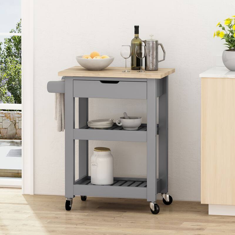 Compact Kitchen Cart with Rubberwood Top, 1 Drawer, 2 Shelves & Towel Holder - Rolling Casters, Modern Style