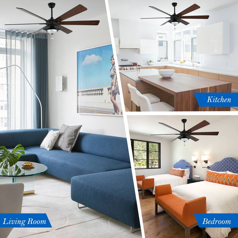 CurveCurio 72" Antique Lagre Ceiling Fan, Wood Blades and LED Lights Kit w Crystal Shade, Quiet DC Motor 6 Speed w Remote