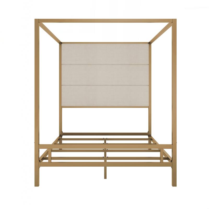 Modern Canopy Bed with 76.5" Tall Fabric Upholstered Headboard Metal 4-Poster Bed Frame - Gold