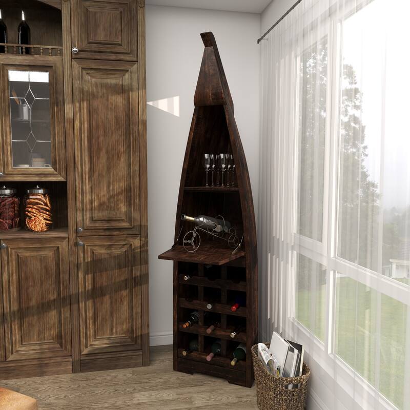 Brown Wood 12 Bottle and 2 Shelf Boat Standing Wine Rack with Foldable Tray