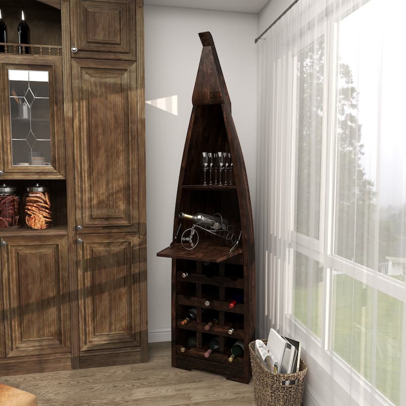 Wood Boat 12 Bottle 2 Shelf Standing Wine Rack with Foldable Tray - Brown - Roche River Decor
