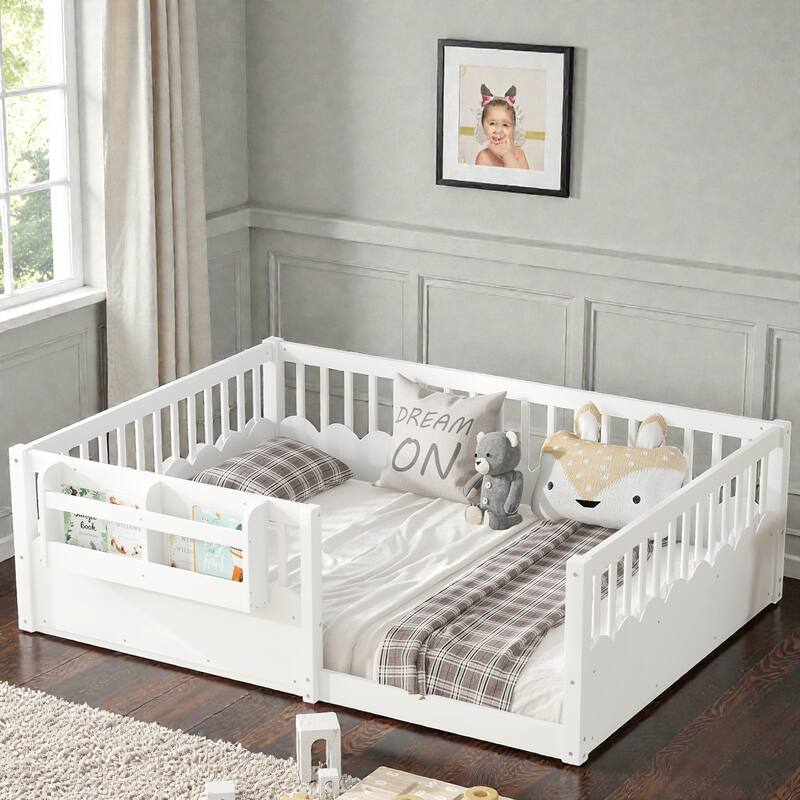 Twin Floor Bed with Heightened Fence and Bookshelf, Wooden Montessori Floor Bed for Kids, Low Profile Design