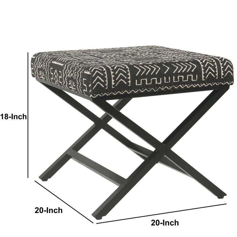 Tribal Pattern Fabric Upholstered Ottoman with X Shape Metal Legs, Black and Cream