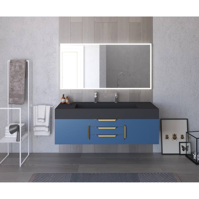 Nile 60" Wall Mounted Bathroom Vanity Set w/ Black Top