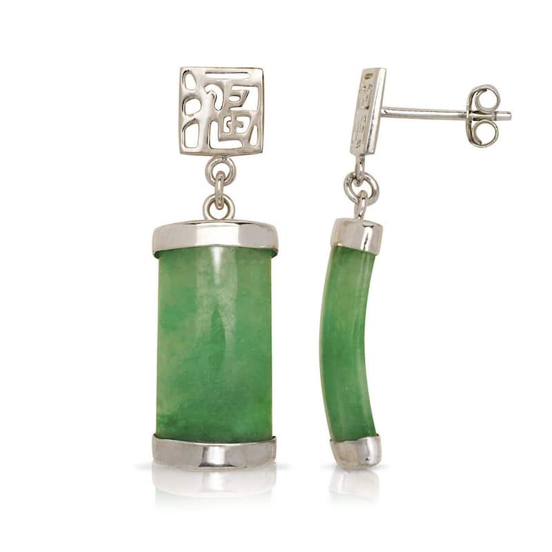 Curata Sterling Silver/Rhodium Segment Green Jade Drop Dangle Asian Script Earrings (8mm x 30mm)