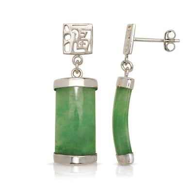Curata Sterling Silver/Rhodium Segment Green Jade Drop Dangle Asian Script Earrings (8mm x 30mm)