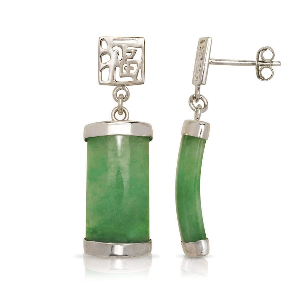 Curata Sterling Silver/Rhodium Segment Green Jade Drop Dangle Asian Script Earrings (8mm x 30mm)