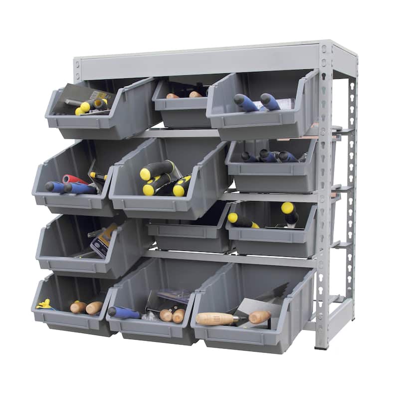 King's Rack Bin Rack Boltless Steel Storage System Organizer w/ 12 Plastic Bins in 4 tiers.
