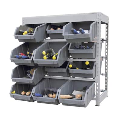 King's Rack Bin Rack Boltless Steel Storage System Organizer w/ 12 Plastic Bins in 4 tiers.