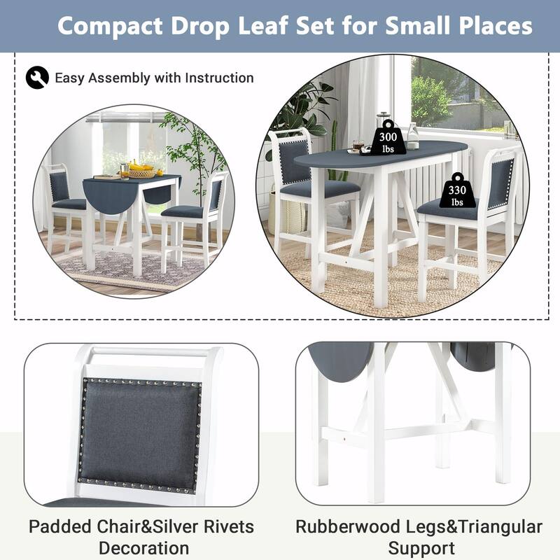 CompactWood Dining Set: Counter-Height Table with Drop Leaf & 2 Upholstered Chairs for Small Spaces