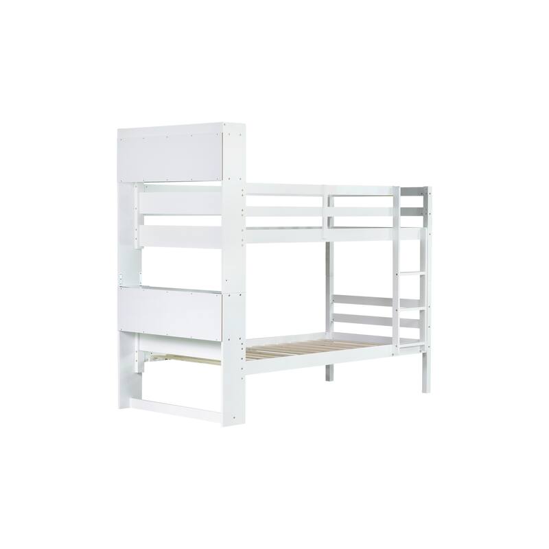 Convertible Twin Over Twin Bunk Bed with Shelves, Safety Guardrails, and Ladder, White