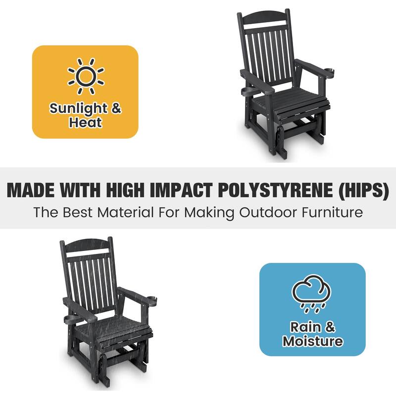 Poly Lumber Patio Glider for One Person with Cup Holders, HIPS Material, All-Weather Resistant
