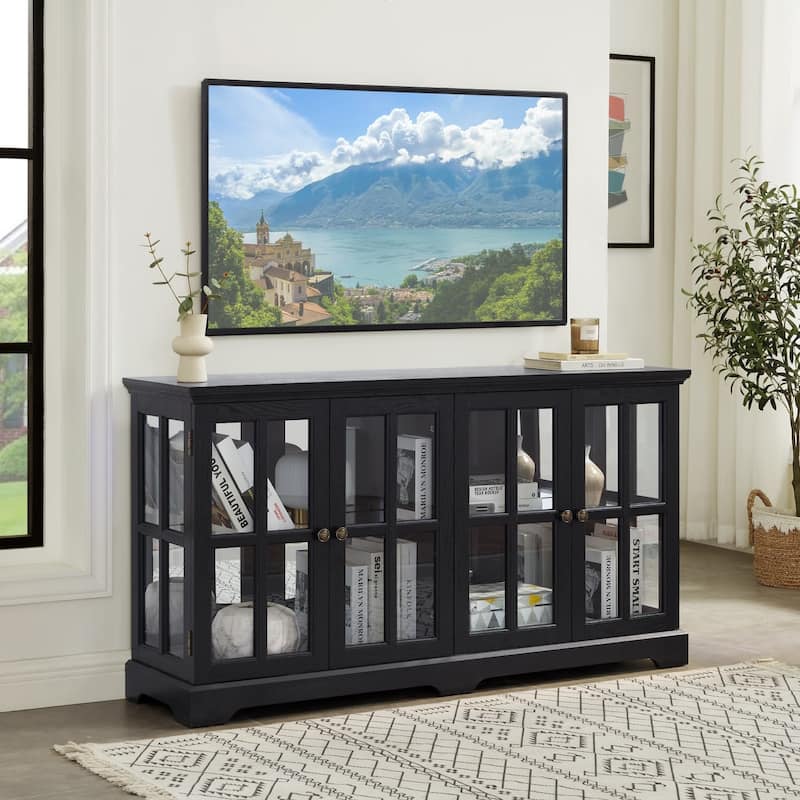 LED Antique Glass Curio Display Cabinet Showcase with 4 Lattice Doors - Black