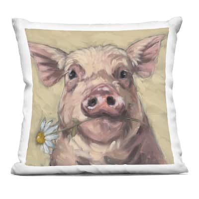 Stupell Pig Holding Daisy Sprig Decorative Printed Throw Pillow Design by Sara G. Designs